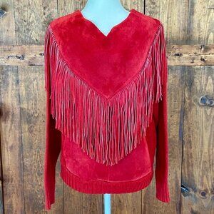 Vintage Western Cowgirl Rodeo Red leather fringe Top Sz M